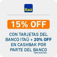 Hasta 15% Off  con tarjetas del Banco Itau + 20% en cashback por parte del banco